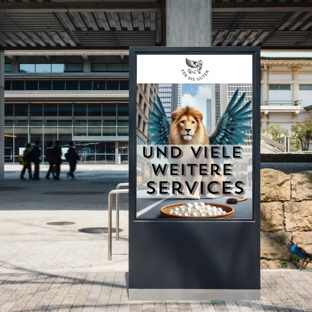 Werbesäule mit einem geflügelten Löwen und der Aufschrift "Und viele weitere Services"