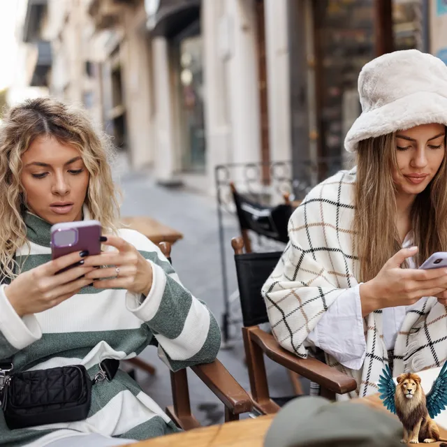 Zwei junge Frauen sitzen im Straßencafé und schauen auf ihre Smartphones