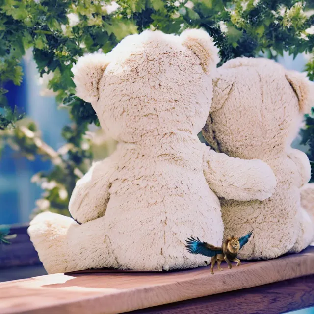 Zwei Teddybären sitzen Arm in Arm auf einer Bank, vorn ein kleiner geflügelter Löwe